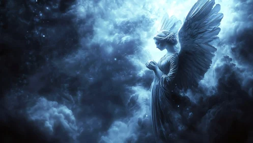 Gentle celestial angel resting in a dreamy blue sky.