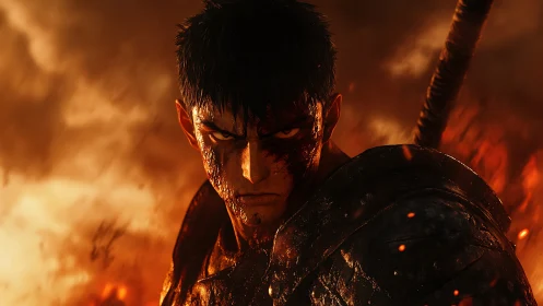 Battle-scarred warrior in embers with cinematic rim lighting
