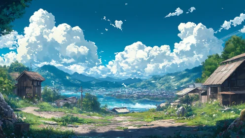 Rural hillside village overlooking lake under cumulus sky