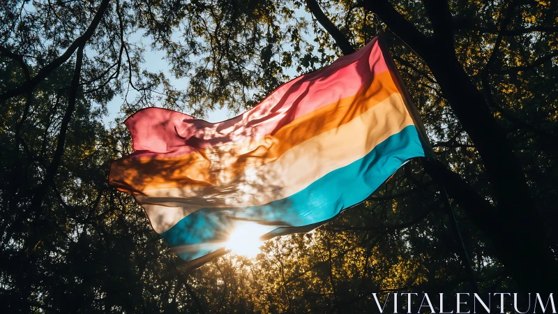 Genderfluid pride flag backlit by low sun through dense trees