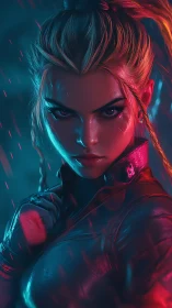 Fierce cyberpunk heroine stands strong in neon storm light