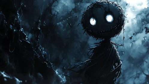 Nocturnal twig effigy with luminous eyes in fog-heavy forest