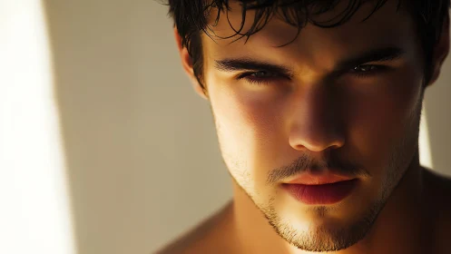 Close portrait of intense young man in warm sunlight.