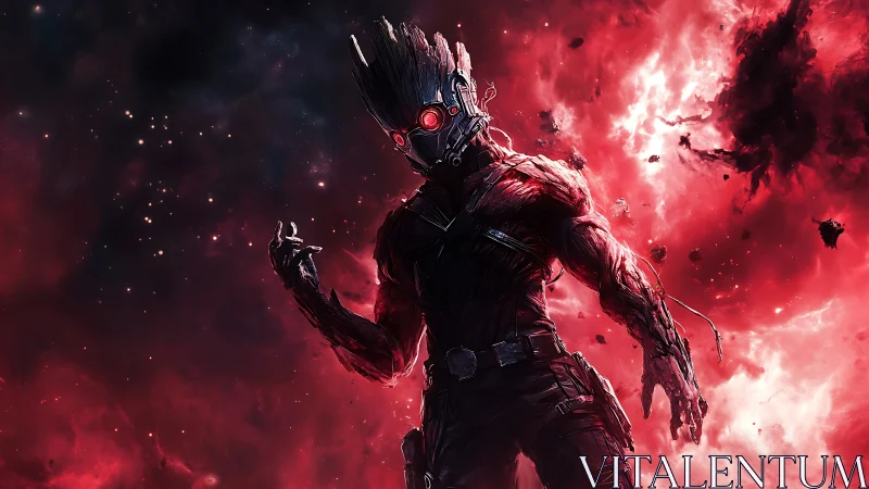 Cosmic cyborg warrior emerging through crimson nebula storm.