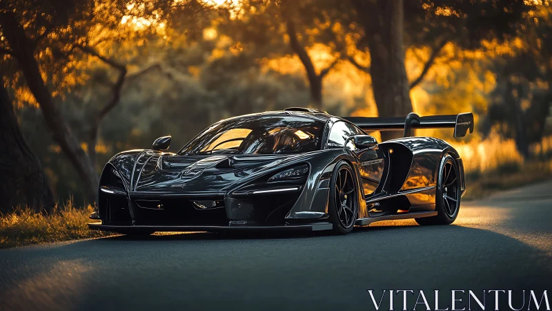 Black modern hypercar on forest road at sunset light.
