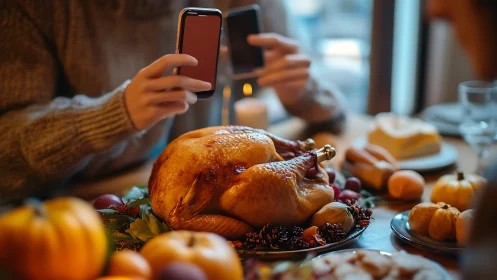 Person photographs roasted turkey on decorated dinner table