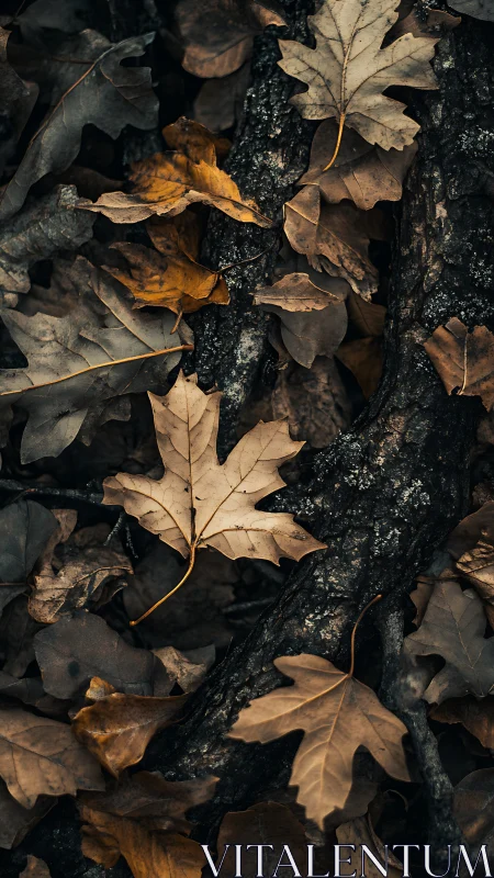 Dry maple leaves scattered over dark forest tree roots.