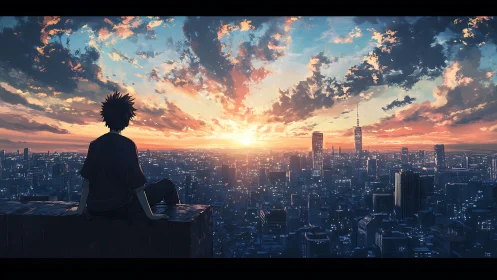 Solitary rooftop silhouette watching luminous city sunset.