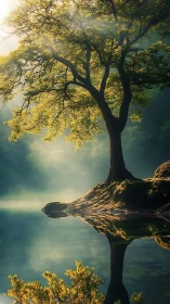 Solitary lakeside tree stands on small mound above still water