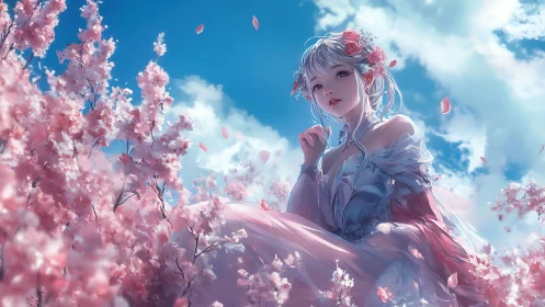 Girl in ornate dress sits among dense pink blossoms