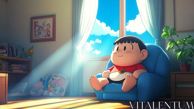 Sunlit cartoon child relaxing in cozy blue armchair interior.