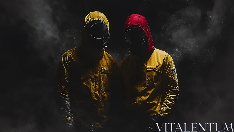Dual hooded figures in yellow jackets within atmospheric smoke