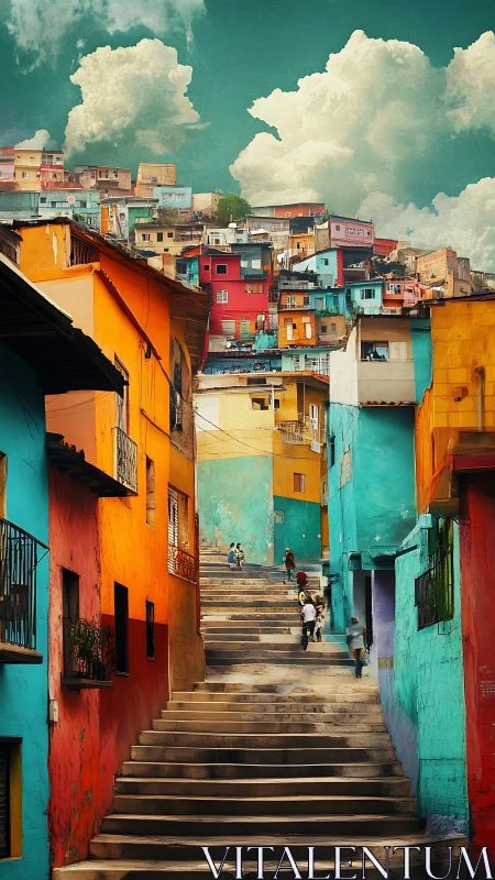 Color-drenched hillside stairway climbs into painted clouds