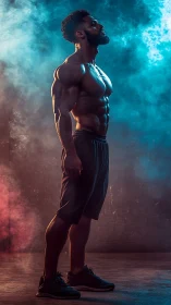 Backlit muscular male athlete in colored cinematic haze
