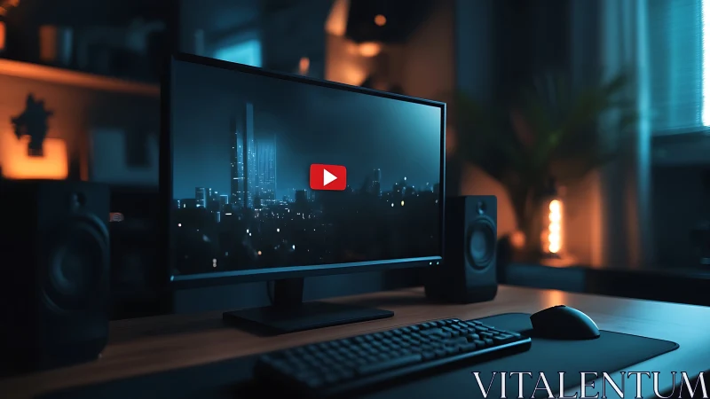 Minimalist PC desk setup glows in cinematic blue light.