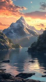 Sunlit summit leans into clouds above mirrorbright lake