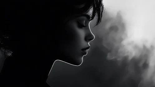 Side-profile portrait shows female face in monochrome light