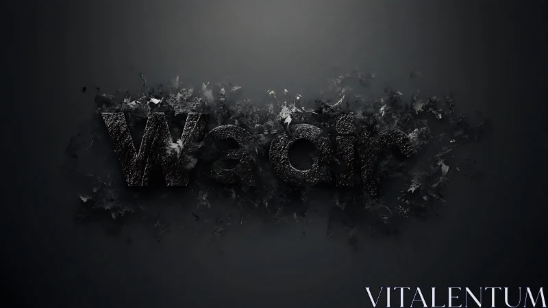 Granular dark typography disintegrating into particulate debris.