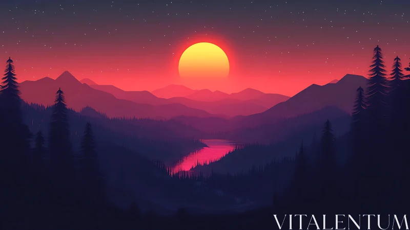 Gradient-lit mountain valley renders stylized sunset depth mapping