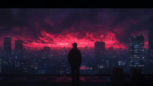 Lone figure overlooks neon city under crimson storm sky.