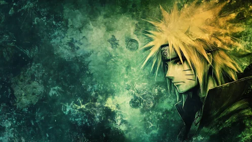 Energetic anime portrait in grunge-processed chromatic field.