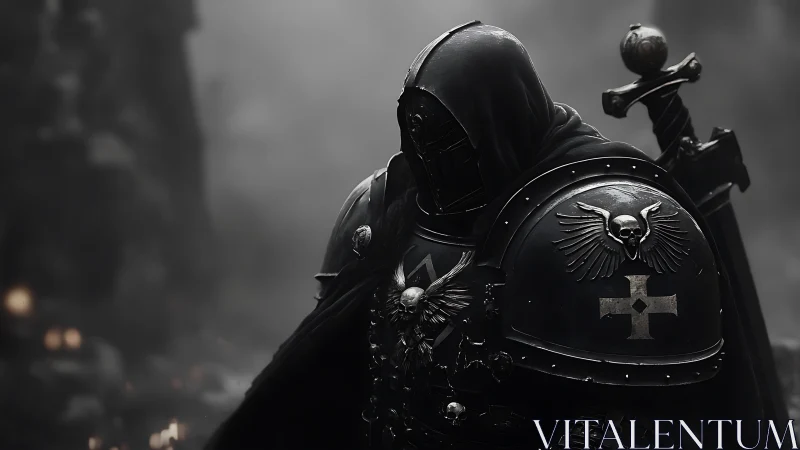 Brooding armored knight stands quietly in a foggy battlefield