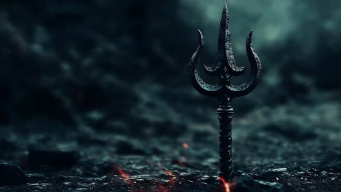 Iron trident standing in dark rocky ground with embers.