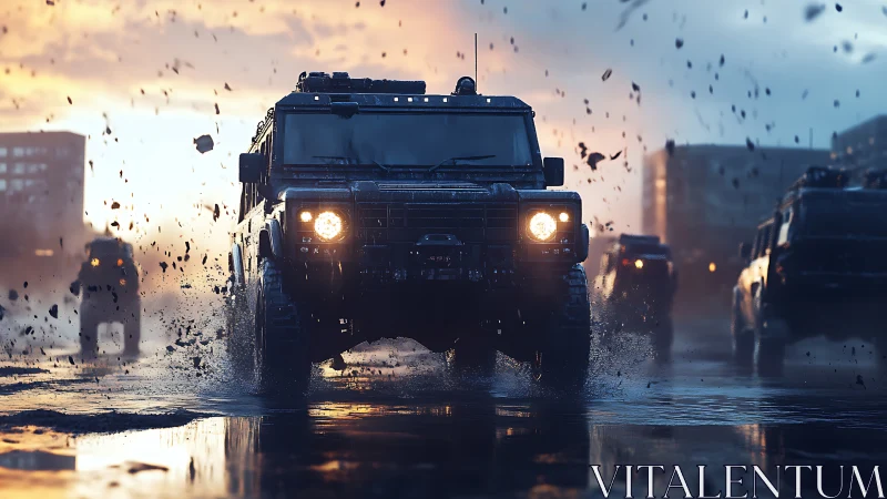 Armored convoy powers through stormy urban battleground streets