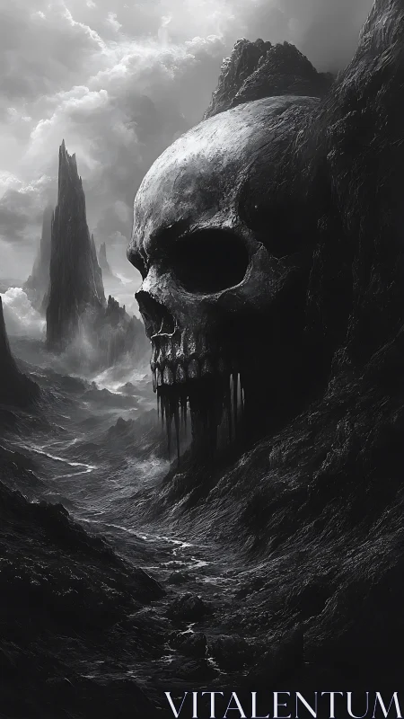 Moody skull-shaped cliff watching over a dark valley.
