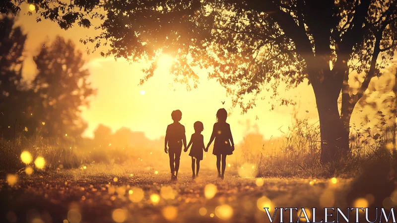 Three children walk through golden autumn sunset light