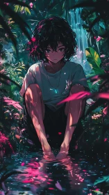 Melancholic youth by forest stream under soft waterfall.