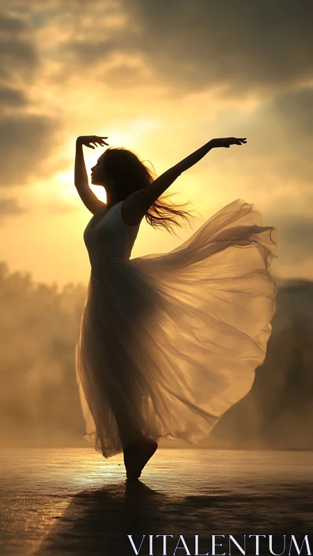 Silhouetted ballerina rotates in backlit golden hour haze
