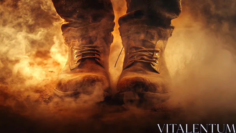 Sturdy boots stride forward through swirling golden smoke