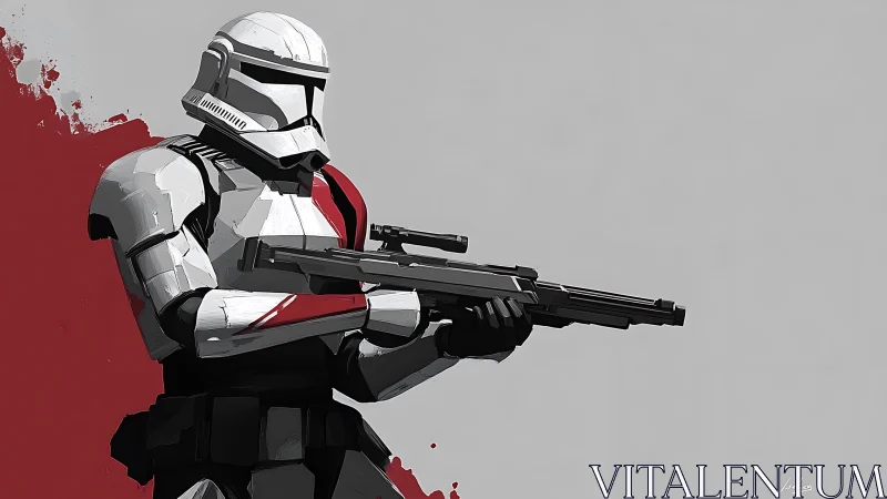 Armored sci fi trooper with blaster rifle in vector minimalism.