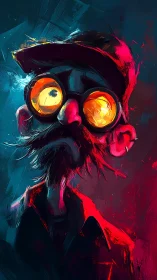 Chromatic bearded observer with glowing optic lenses portrait.