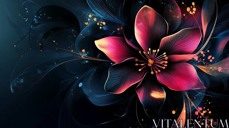 Luminescent floral form with particle elements on dark background.