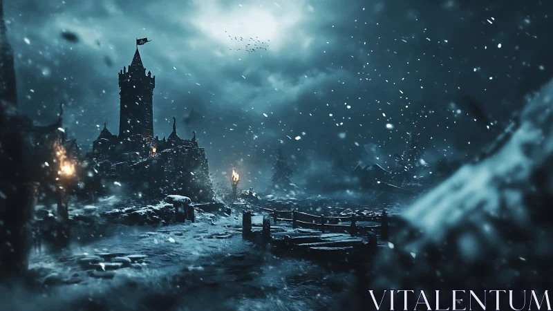 Moonlit fortified cliff castle in blizzard with icy causeway