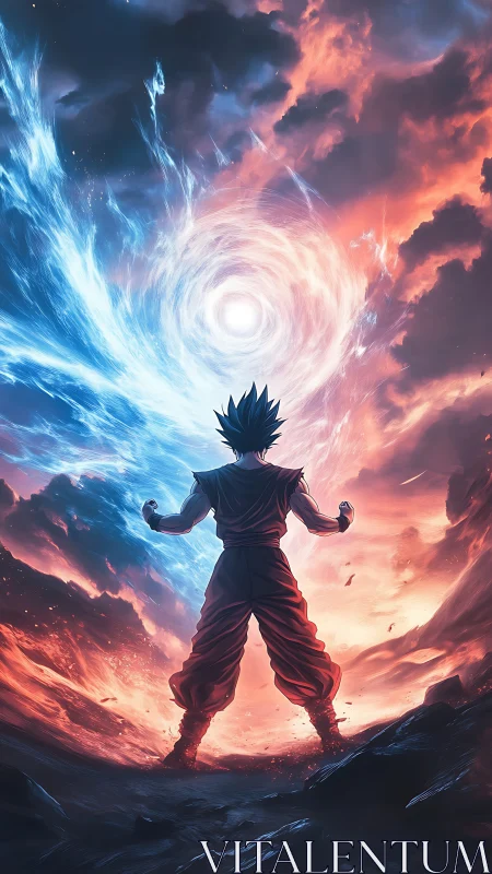 Starlit warrior channels twin storms of fire and frost.