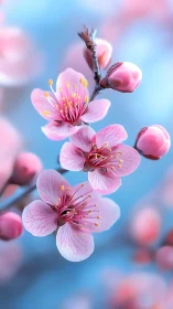 Cherry blossoms glow against soft blue spring bokeh.