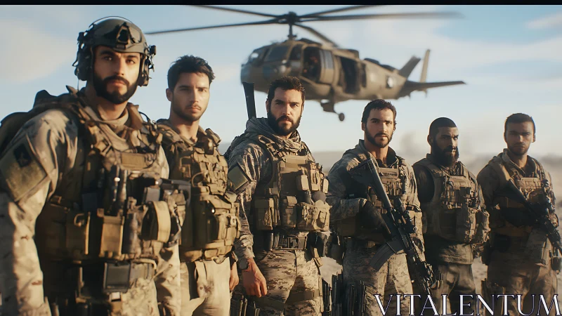 Armed military squad standing in desert with helicopter.