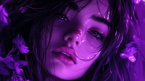 Dreamy violet portrait wrapped in soft neon light.