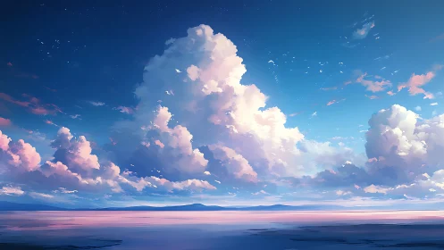 Vast pastel cloud formations above reflective coastal horizon.