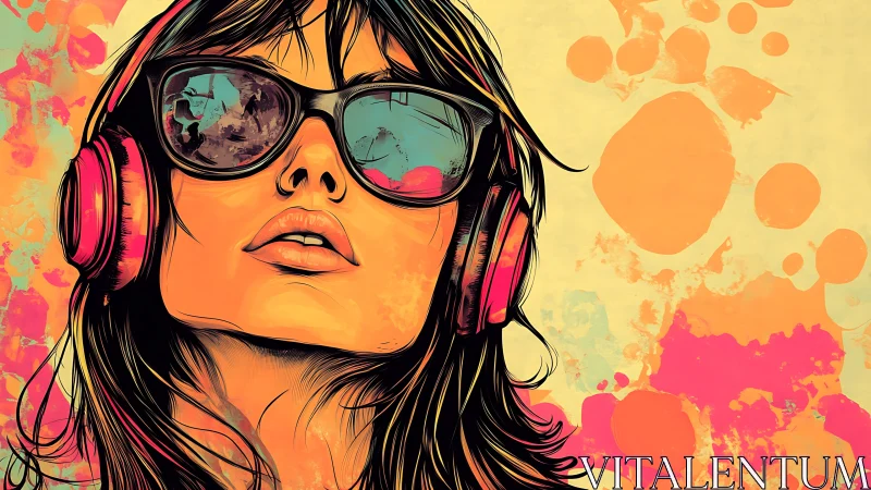 Neon daydream DJ girl with headphones in splashy sunset hues.