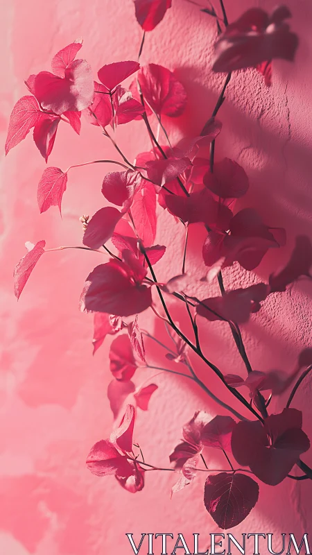 Pink-toned vine leaves are arranged against textured wall