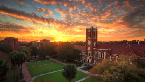 Campus clock tower stands beneath vivid sunrise sky.