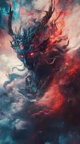 Fiery sky spirit drifts through swirling clouds of magic