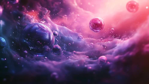 Nebular spheres drifting through luminous cosmic mist.
