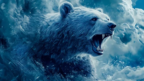Roaring polar bear emerges from turbulent glacial vortex in blue