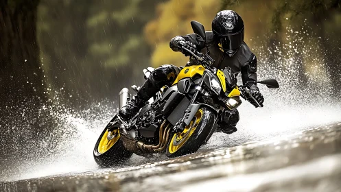 Sport motorcycle cornering on wet road surface in rain.