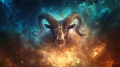 Mythic ram deity emerges amid cosmic fire and nebulae.